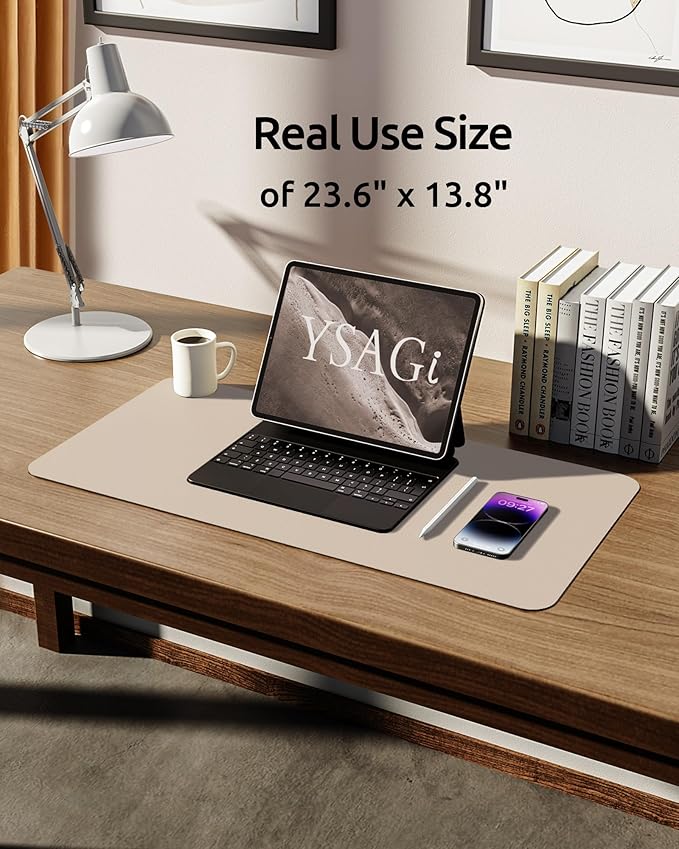 YSAGi Leather Desk Pad Protector, Office Desk Mat, Large Mouse Pad, Non-Slip PU Leather Desk Blotter, Waterproof Laptop Desk Writing Pad for Office and Home (23.6" x 13.8", Eggshell)-DeskLoop Office