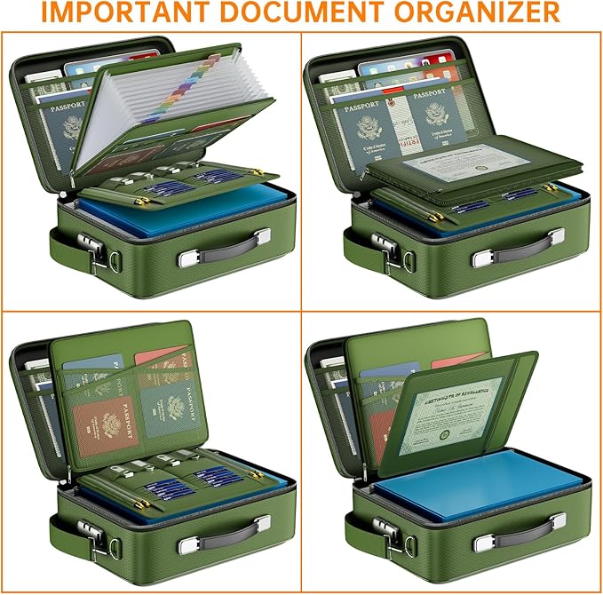 DocSafe Fireproof Document Box with Lock&Shoulder Strap,Hard Case File Organizer with Accordion File Folder,Multi-Layer Portable Home Office Travel Safe Storage for Important Documents Laptop Green-DeskLoop Office
