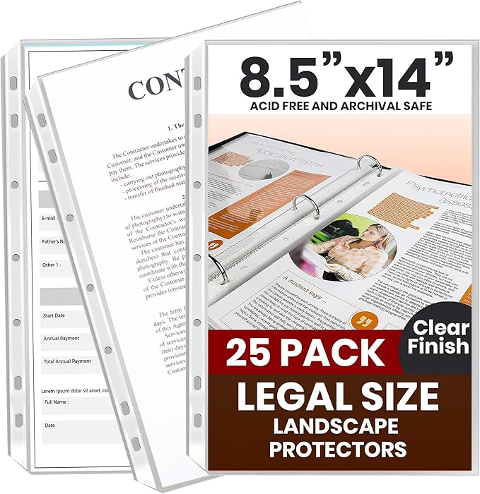 Performore 25 Pack of 8.5x14 Legal Size Heavyweight Long Clear Sheet Protectors, Plastic Legal Paper Sleeves, Clear Archival Quality for Binders Documents