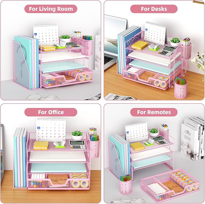 Marbrasse Desk Organizer and Accessories,4-Tier Paper Letter Tray Organizer with File Holder, Workspace Desk Organizers Accessories with Drawer and 2 Pen Holder (Pink, 15.4" x 9.1" x 8.3")-DeskLoop Office