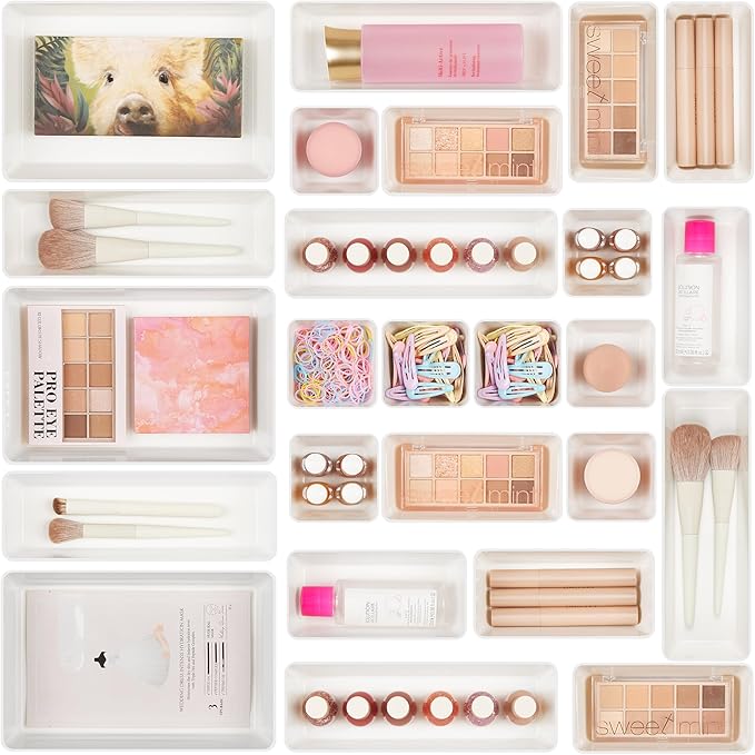 Vtopmart 25 PCS Plastic Drawer Organizers Set, 4-Size Versatile Bathroom and Vanity Drawer Organizer Trays, Storage Bins for Makeup, Bedroom, Kitchen Gadgets Utensils and Office-DeskLoop Office