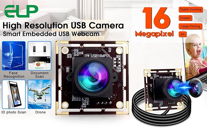 ELP 16MP Wide Angle USB Camera Module for Raspberry Pi and Computer 4K Mini UVC USB2.0 Video Webcam Board with 118degree No Distortion Lens IMX298 Industrial PC Lightburn Camera for Laptop,Jetson Nano-DeskLoop Office
