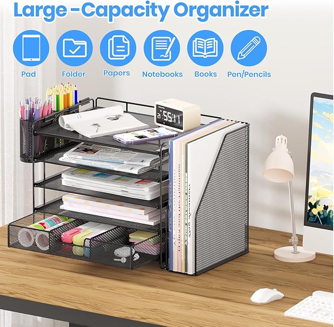 Desk Organizers and Accessories, 5-Tier Paper File Organizer with Drawer & Pen Holder, Office Desk Accessories Workspace Desktop Organizer for Office Supplies(Black)-DeskLoop Office