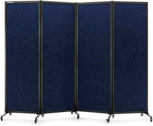 Upgrade Version Room Partition and Divider, Freestanding Rolling Dividers with Wheels,Office Privacy Screen Divider Wall,Classroom Felt Dividers,8'2"L* 6'7"H,4 Panel,Blue-DeskLoop Office