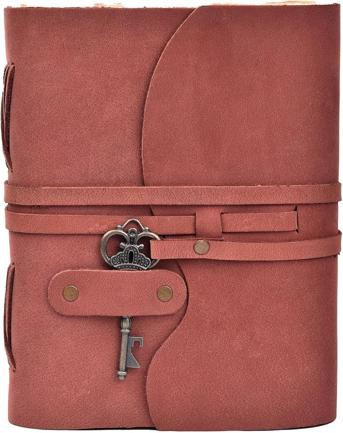 LEATHER VILLAGE Vintage Leather Journal – 200 Handmade Vintage Deckle Edge Paper – Leather bound Journal For Women Men – Vintage Key Closure - Book of Shadows - 13X7 inches - Fuchsia
