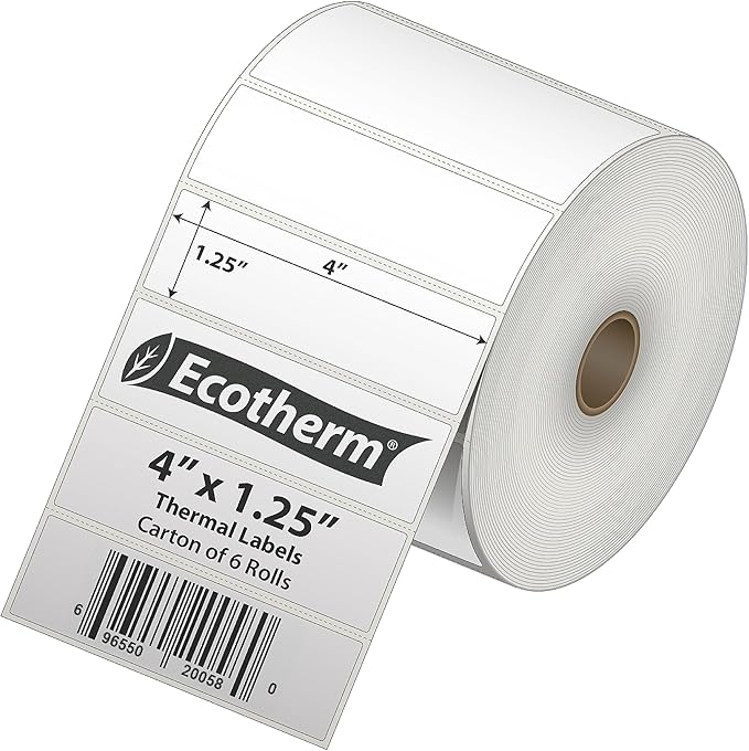 4" x 1.25" Thermal Labels | 6 Rolls | 12600 Labels | fits Zebra, Munbyn, Rollo, Godex, Arkscan, iDPRT, Offnova Thermal Label Printers and More | Blank White Adhesive Stickers by Ecotherm-DeskLoop Office