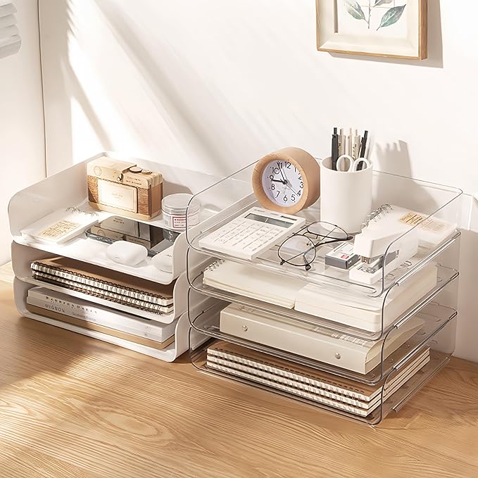 Desk Organizer Stackable Desk Paper Letter Tray Organizer Office Desktop File Paper Holder Book Storage Organization Rack (Clear, 4 x Standard Entry)-DeskLoop Office