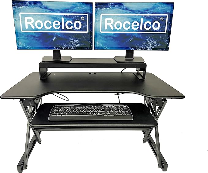 Rocelco 40" Large Height Adjustable Standing Desk Converter with Dual Monitor Stand BUNDLE - Quick Sit Stand Up Computer Workstation Riser - Retractable Keyboard Tray - Black (R DADRB-40-DMS)-DeskLoop Office