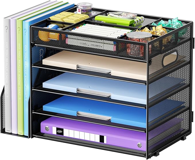 Marbrasse 5-Tier Desk Organizer with File Holder,Paper Letter Tray Organizer,Desktop File Organizer with Adjustable Compartments,Mesh Desk Organizers and Accessories for Office Supplies,Black-DeskLoop Office