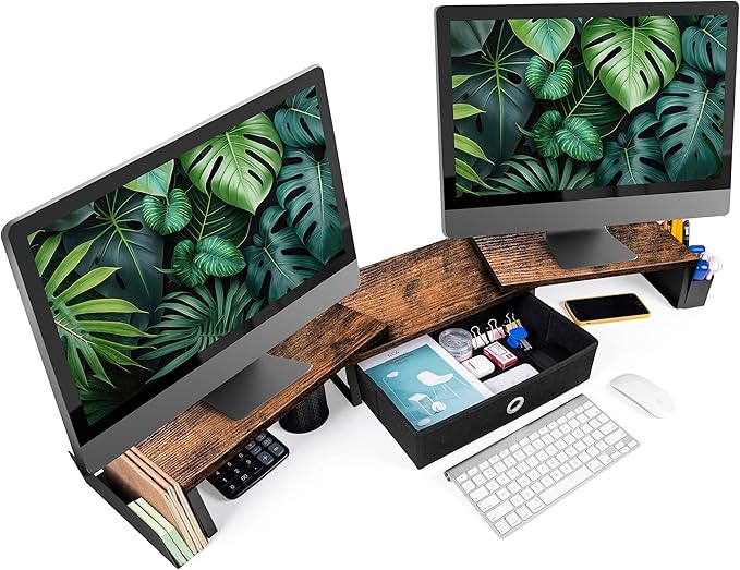 Dual Monitor Stand Riser With Drawer, Office Desk Organizers And Accessories, Computer Monitor Riser For 2 Monitors For Desk, Monitor Shelf With Adjustable Length & Angle-DeskLoop Office