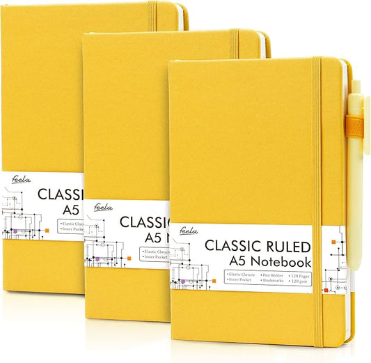 feela 3 Pack Notebooks Journals Bulk with 3 Black Pens, A5 Hardcover Notebook Classic Ruled Lined Journal Set with Pen Holder for Work Business Journaling Note Taking, 120 GSM, 5.1”x8.3”, Yellow-DeskLoop Office