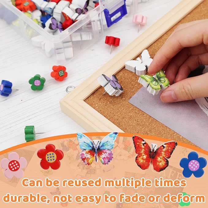 80 Pcs Push Pins for Cork Board, Decorative Thumb Tacks Wooden Push Pins Head Pin Wood Map Tacks Pin, Wood Thumb Tacks for Bulletin Boards Craft Projects with Storage Box-Flower and Butterfly-DeskLoop Office