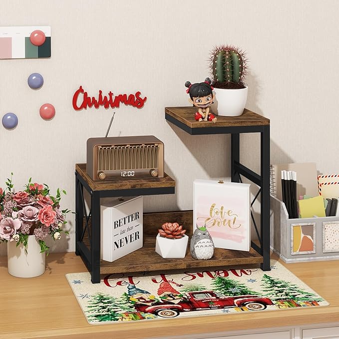 ELITEROO Desktop Shelf Organizer, 3 Tier Office Shelves, Wood Desk Organizers Storage Rack and Freestanding Display Shelf for Office, Dormitory, Home, Rustic Brown-DeskLoop Office