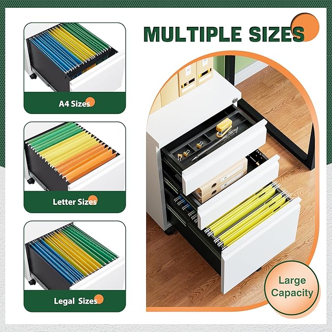 Letaya 3 Drawer Mobile File Cabinet with Lock, Under Desk Metal Filing Cabinets for Home Office Organizer Letters/Legal/A4(Fully Assembled-White)-DeskLoop Office