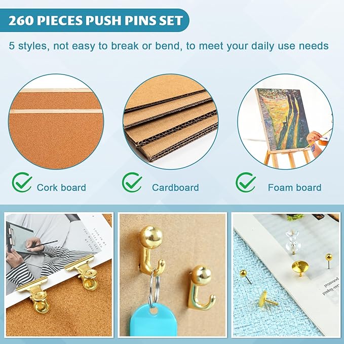 350 Pcs Gold Push Pins Set 5 Styles Decorative Thumb Tacks Assorted Push Pins for Bulletin Board, Cork Board-DeskLoop Office