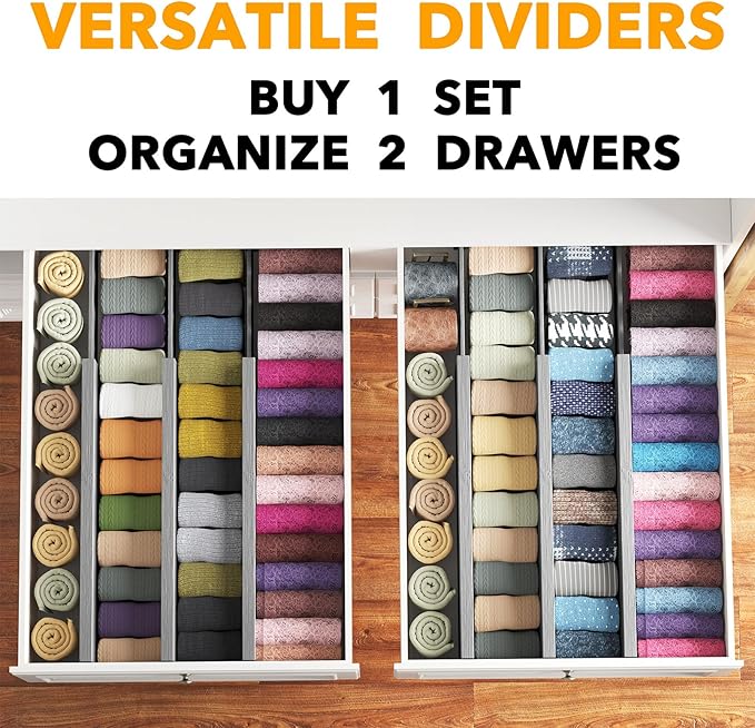 SpaceAid Bamboo Dresser Drawer Dividers 6 Pack, 4.65“ High Adjustable 17“-22” Drawer Organizers, Expandable Organization for Clothing, Clothes, Dressers, Gray-DeskLoop Office