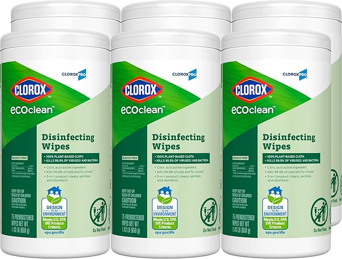CloroxPro Clorox EcoClean Disinfecting Wipes, Multipurpose 100% Plant Based Cleaning Cloths, Antibacterial Disinfectant, Safe for Multi Surface Use, 75 Count (Pack of 6)-DeskLoop Office