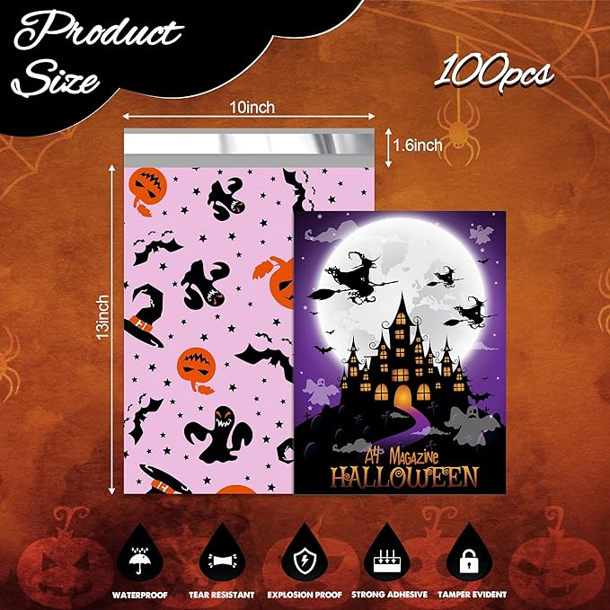 Halloween Poly Mailer 10x13 Inch 100 Pcs, Waterproof Shipping Bags for Clothing, Tear-Resistant Mailier Bags, Strong Mailing Bags with Self-Seal - Purple-DeskLoop Office