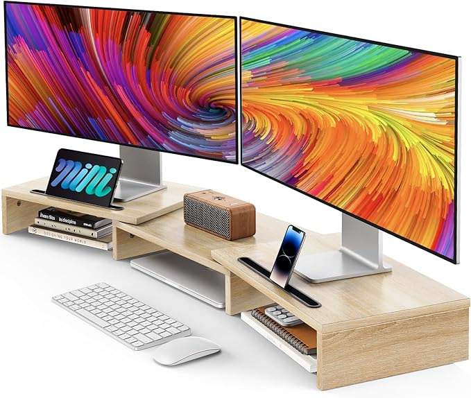 AMERIERGO Dual Monitor Stand Riser- 3 Shelf Screen Stand with Adjustable Length and Angle, 2 Extra Functional Slot Desktop Organizer Stand for PC, Computer, Laptop (Light Wood)-DeskLoop Office
