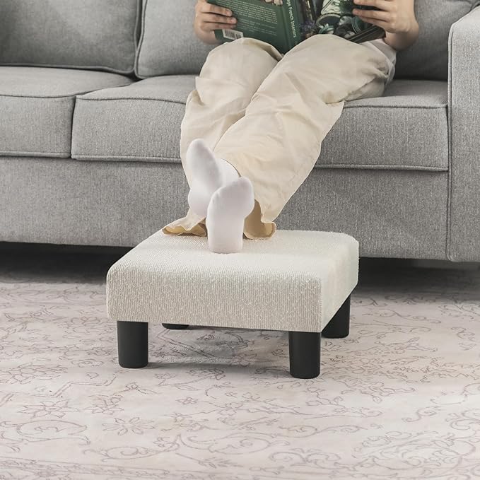 Joveco Small Foot Stool Ottoman, Cotton Line Square Footstool Upholstered Footrest Foot Rest for Chair, Under Desk, Office, Living Room, Pinstripe White-DeskLoop Office