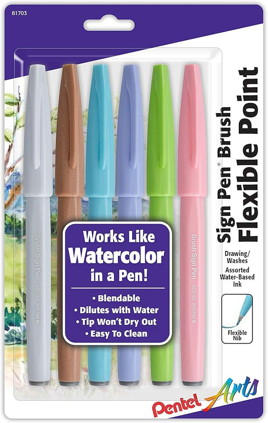 Pentel Arts Sign Pen Brush Tip, assorted 4 Pastel Colors, 6-Pk (SES15C2BP6M1)-DeskLoop Office