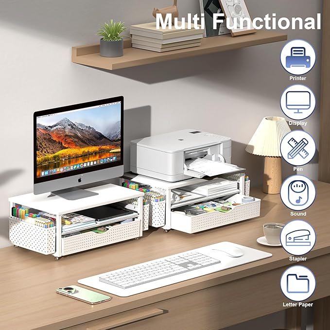 Desk Organizer and Accessories, Computer Monitor Stand Riser with Drawer and 2 Pen Holders, Office Desk Accessories & Workspace Organizers for Office Supplies (White)-DeskLoop Office