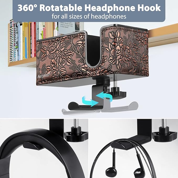 Desk Cup Holder Clip on Pen Holder Headphone Hanger Headset Stand Rotatable Clamp Hook Under Desk (Golden)-DeskLoop Office