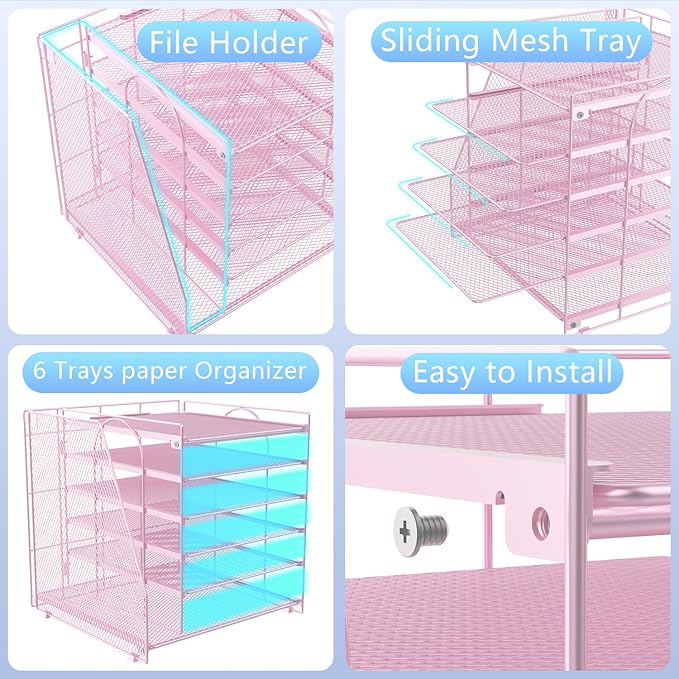 gianotter Desk Organizers and Accessories, 6-Tier Paper Organizer with Magazine rack, File Organizer for Desk, Desk Organizers for Women, Pink Office Decor (Pink)-DeskLoop Office