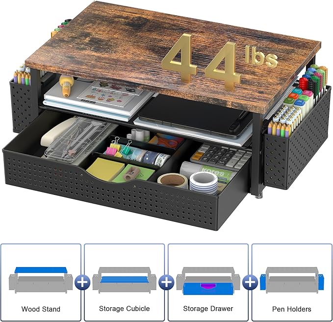 Desk Organizer and Accessories, Computer Monitor Stand Riser with Drawer and 2 Pen Holders, Office Desk Accessories & Workspace Organizers for Office Supplies (Wood)-DeskLoop Office