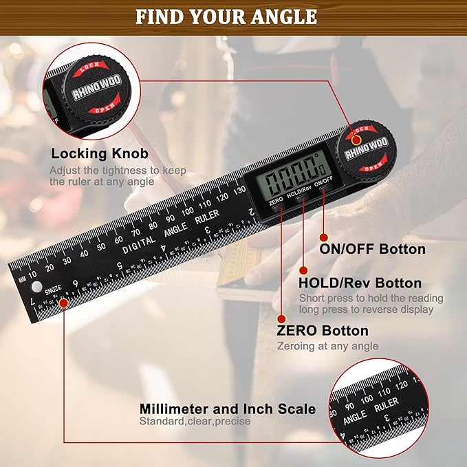Digital Angle Finder Protractor, Angle Finder Ruler with 7inch/200mm, Angle Measuring Tool for Woodworking/Carpenter/Construction/DIY Measurement(2 Batteries Included) (Enhanced ABS)-DeskLoop Office