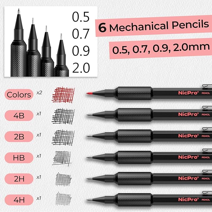Nicpro Metal Mechanical Pencil Set, 3PCS Art Drafting Pencil 0.5, 0.7, 0.9MM & 2PCS 2MM Mechanical Drawing Pencils with 126 Lead(4B 2B HB 2H 4H Color) Weatherproof Barrel for Writing Sketching Drawing-DeskLoop Office