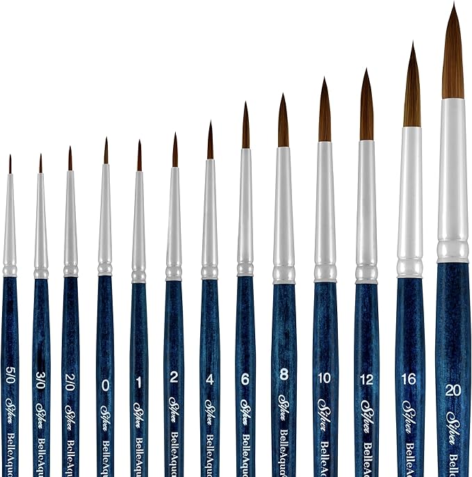 Silver Brush Limited BA-2750S BelleAqua Wet and Wild 13pc Professional Watercolor Brush Set, Soft Synthetic Red Sable Round Paint Brush Set, Sizes 5/0, 3/0, 2/0, 0, 1, 2, 4, 6, 8, 10, 12, 16, & 20-DeskLoop Office