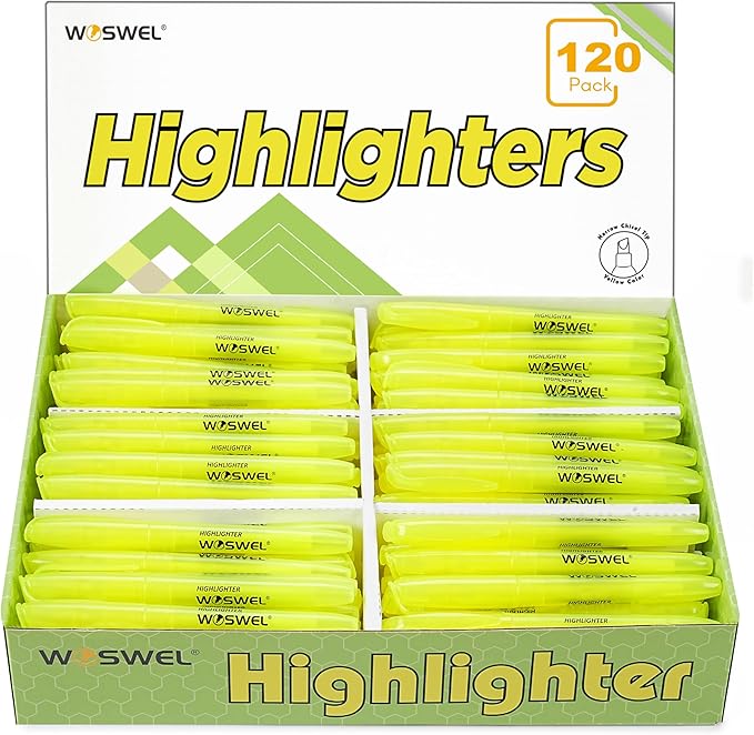 Highlighters Bulk, Woswel 120 Pack Fluorescent Yellow Highlighter Markers Set for Underlining, Color Transparent Visible Fluorescent Pen Shell, Wide Chisel Point Mark,Perfect for Classroom,Office,Home-DeskLoop Office