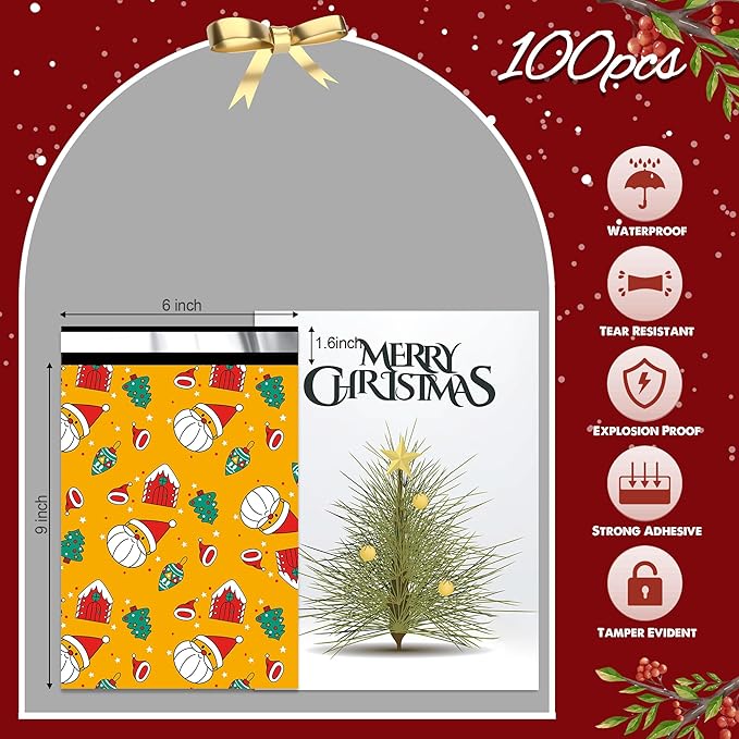 Christmas Poly Mailer 6x9 Inch 100 Pcs, Waterproof Shipping Bags for Clothing, Tear-Resistant Mailier Bags, Strong Mailing Bags with Self-Seal - Santa claus Printed-DeskLoop Office