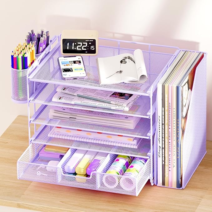 Desk Organizers and Accessories, 5-Tier Paper File Organizer with Drawer & Pen Holder, Office Desk Accessories Workspace Desktop Organizer for Office Supplies((Purple)-DeskLoop Office