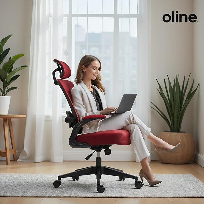 Oline ErgoAir Ergonomic Office Chair – Adjustable Lumbar Support, Flip-Up Armrests, Mesh Computer Desk Chair, Swivel Rolling Executive Gaming Chair for Home & Office (Red)-DeskLoop Office