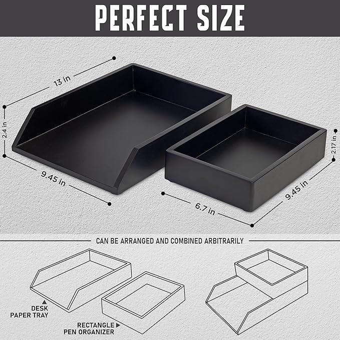 Demigo Desk Organizer Letter Tray Set of 2, Acacia Wood Tabletop Desktop for Storage Paper Letter Folders Notebooks Copy Print, Workspace Holder, Keep Stationery Saver (Black)-DeskLoop Office