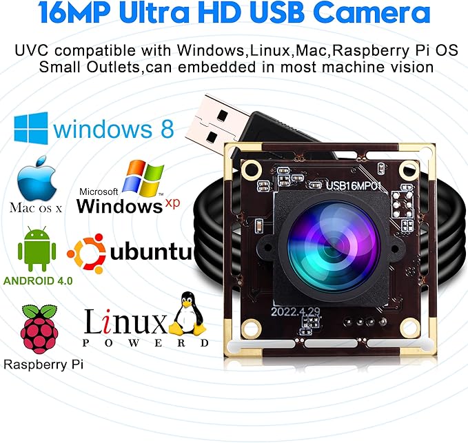 ELP 16MP Wide Angle USB Camera Module for Raspberry Pi and Computer 4K Mini UVC USB2.0 Video Webcam Board with 118degree No Distortion Lens IMX298 Industrial PC Lightburn Camera for Laptop,Jetson Nano-DeskLoop Office