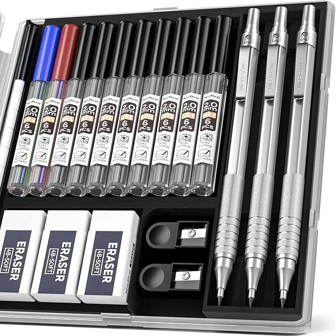 Nicpro Metal 2.0 Mechanical Pencil Set with Case, 3 PCS Drafting Lead Holder with 10 Tubes 2mm Graphite Lead Refill(HB 2H 4H 2B 4B) &Colors, Sharpeners, Erasers for Artist Writing, Drawing, Sketching-DeskLoop Office