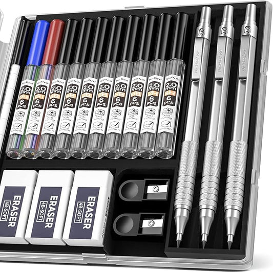 Nicpro Metal 2.0 Mechanical Pencil Set with Case, 3 PCS Drafting Lead Holder with 10 Tubes 2mm Graphite Lead Refill(HB 2H 4H 2B 4B) &Colors, Sharpeners, Erasers for Artist Writing, Drawing, Sketching-DeskLoop Office
