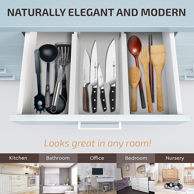 Adjustable Bamboo Drawer Divider Organizers - 6 Pack Large Expandable Drawer Organization Separators for Kitchen Utensils, Dresser, Bedroom, Bathroom, Baby Drawer, Office - 17.5” to 22" (White)-DeskLoop Office