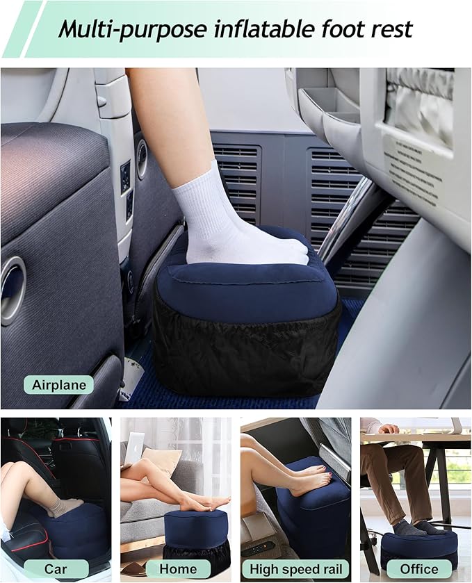 JefDiee Inflatable Travel Foot Rest Pillow, Kids Airplane Bed, Adjustable 3 Layers Height Leg Rest Pillow, Adults Travel Essentials Great for Airplane, Office, Home, Trains, Cars (Blue)-DeskLoop Office
