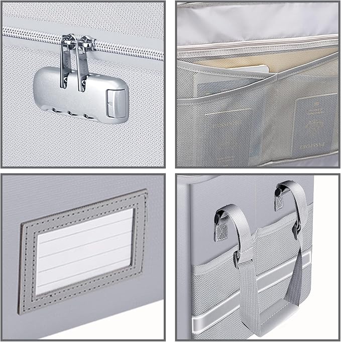 ENGPOW File Box with Lock, Fireproof Document Box with Zipper&Pockets, Collapsible File Organizer Filing Storage Cabinet with Handle, Portable Home Office Safe for Hanging Letter/Legal Folder,Silver-DeskLoop Office