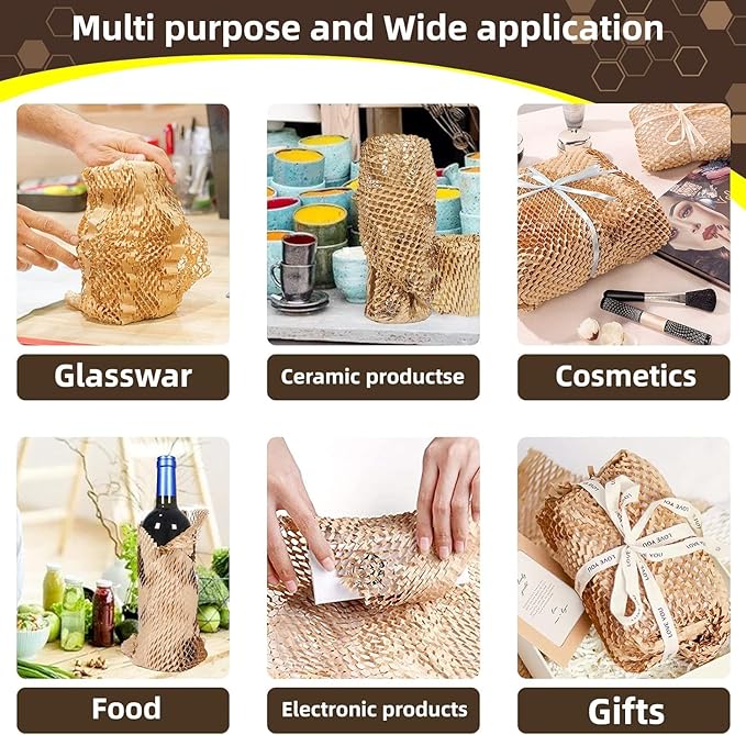 Honeycomb Packing Paper Wrap 12"x200' Sustainable Alternative to Bubble Wrap for Moving Shipping/Gift, Biodegradable & Fully Recyclable Bubble Paper Wrapping with 20 Fragile Sticker…-DeskLoop Office
