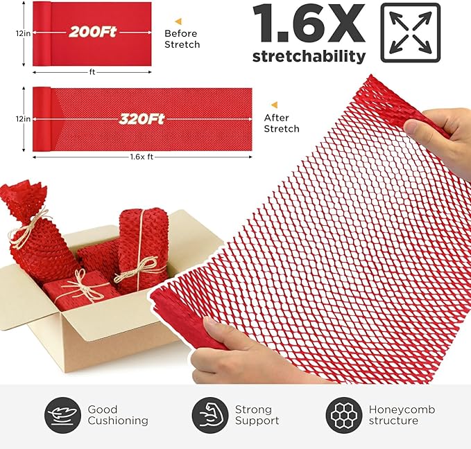 Honeycomb Packing Paper, 12"x200' Red | Perforated Honeycomb Packing Paper Recyclable Moving Supplies for Shipping & Moving | Plastic-Free Alternative to Bubble Cushion Wrap with 36 Fragile Stickers-DeskLoop Office