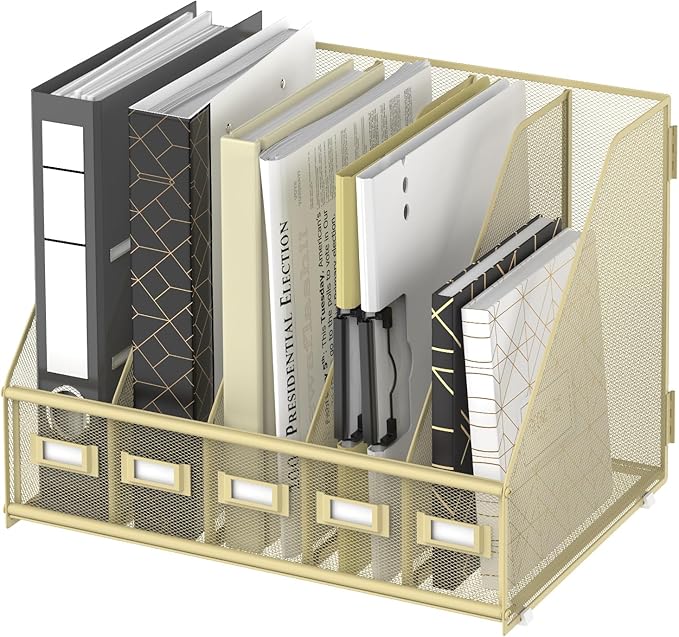 SUPEASY Desk Organizers Metal Desk Magazine File Holder with 5 Vertical Compartments Rack File Organizer for Office Desktop, Home Workspace, Golden Yellow, Plus-DeskLoop Office