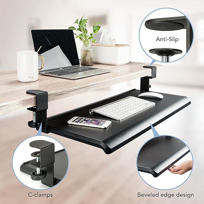 EHO Clamp-On Retractable Adjustable Keyboard Tray, Under Desk Ergonomic Keyboard Tray - Easy Tool-Free Install - Large Surface 27.5" (31.8" Including Clamps) x 12.5" Home & Office-DeskLoop Office