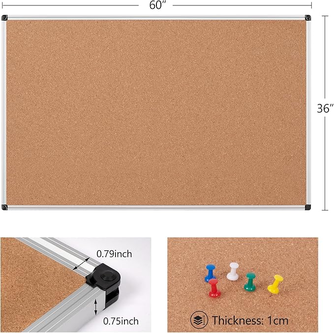 Board2by Extra Large Cork Bulletin Board 60" X 36", Silver Aluminum Framed 5'x3' Corkboard for Wall, Wall Mounted Notice Pin Board with 18 Push Pins for School, Home & Office-DeskLoop Office