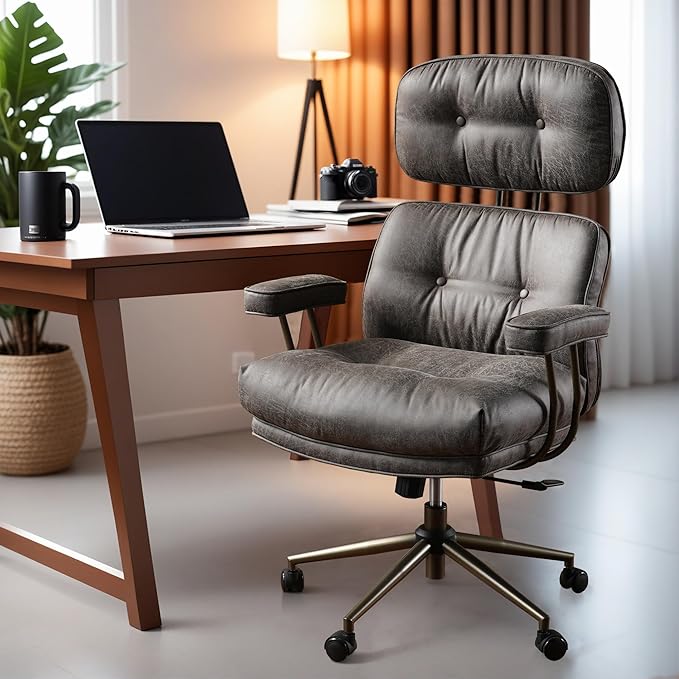 ovios Home Office Chair, Mid-Century Modern Faux PU Leather Chairs with Lumbar Support Comfy Thick Cushion, High Back Ergonomic Swivel Rolling Executive Armchair (Dark Grey, Suede Leather)-DeskLoop Office