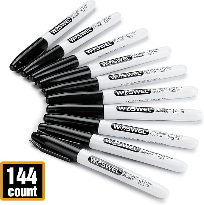 Dry Erase Markers Bulk, 144 Pack Black Chisel Tip Whiteboard Markers, Low Odor Dry Erase Markers for School Office Home-DeskLoop Office